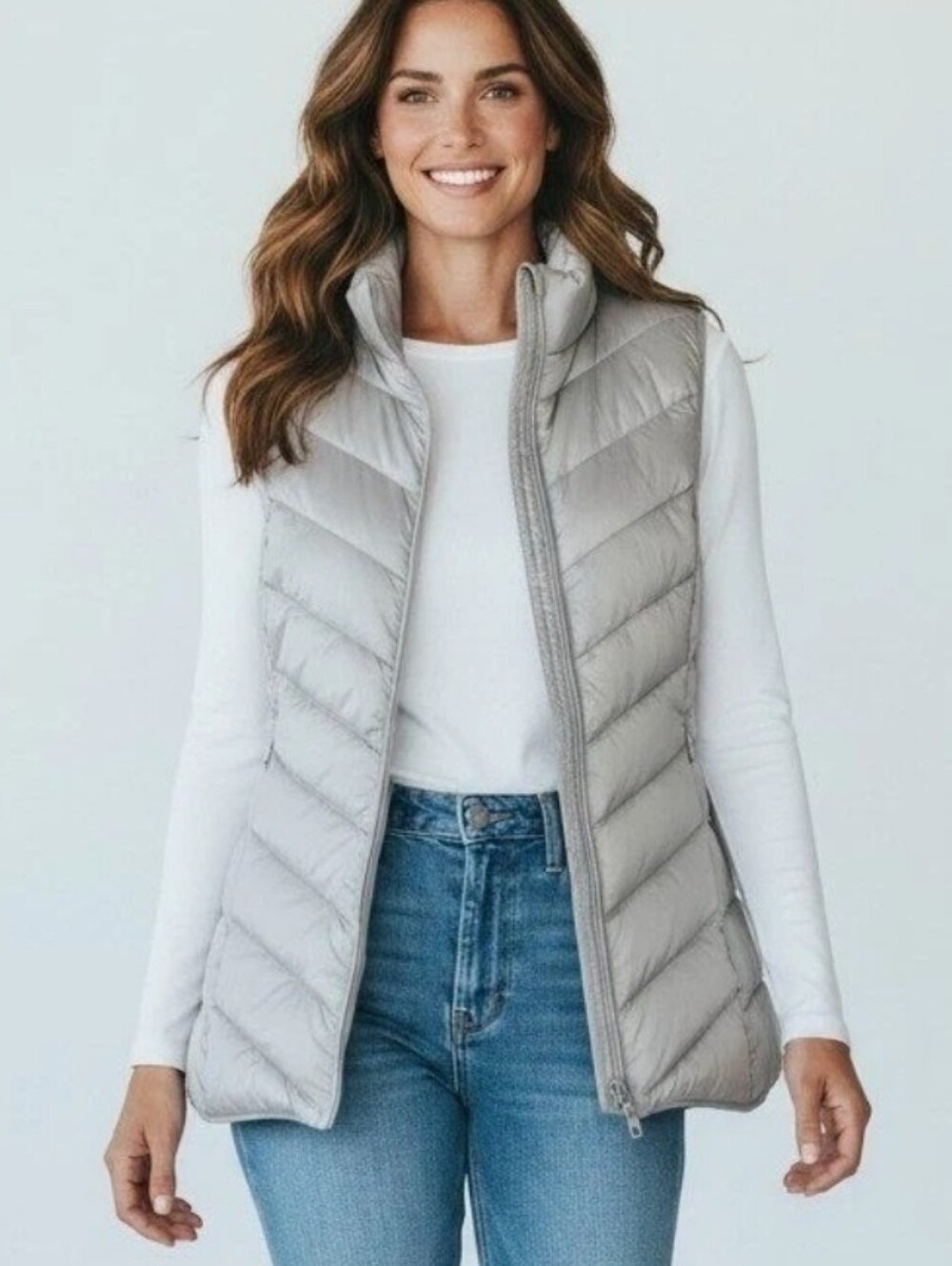 J.JILL Side-Zip Down Puffer Vest Silver Gray Size Large Tunic Length